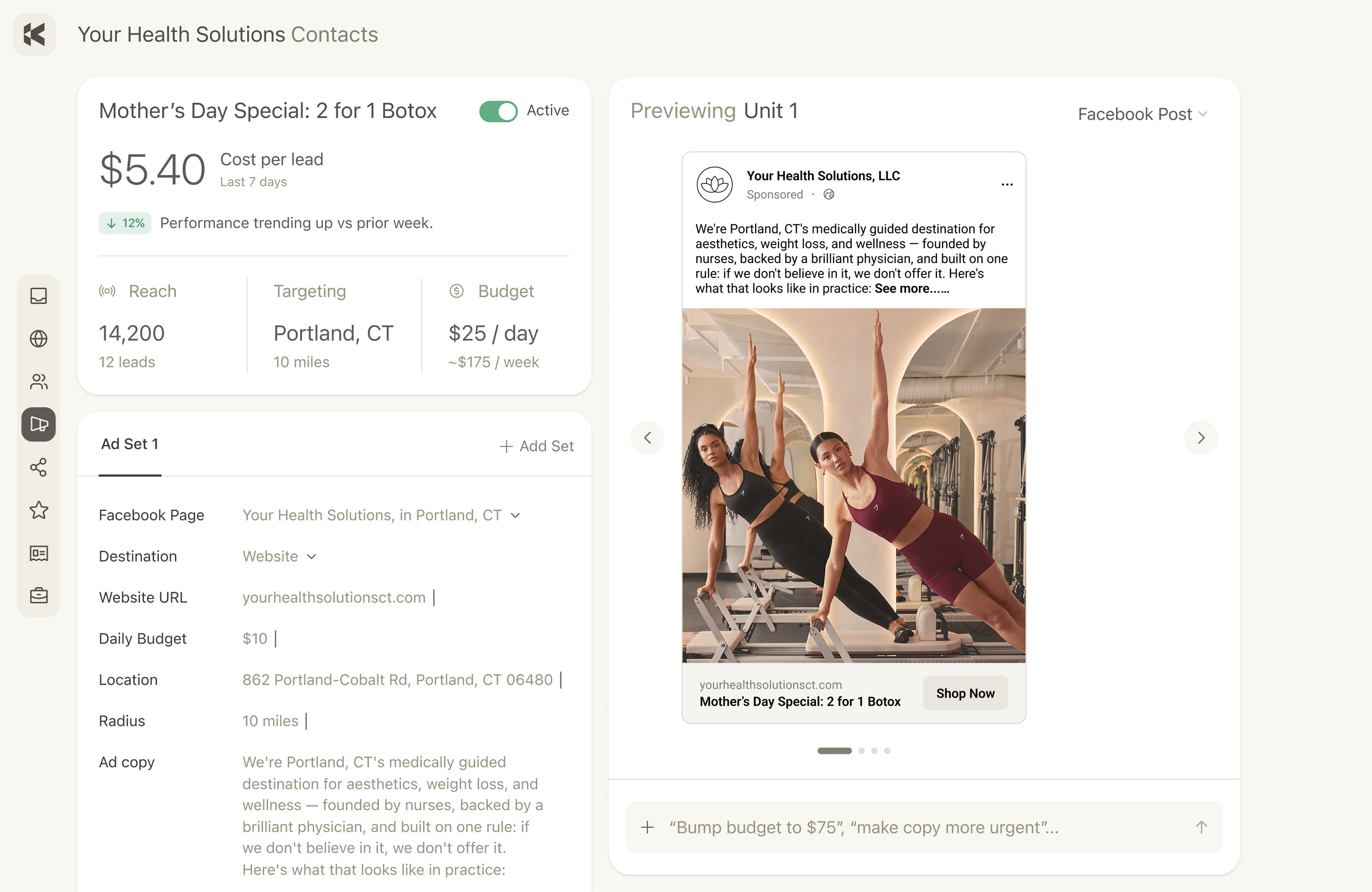 Keystone ad manager with a Facebook ad preview and cost per lead