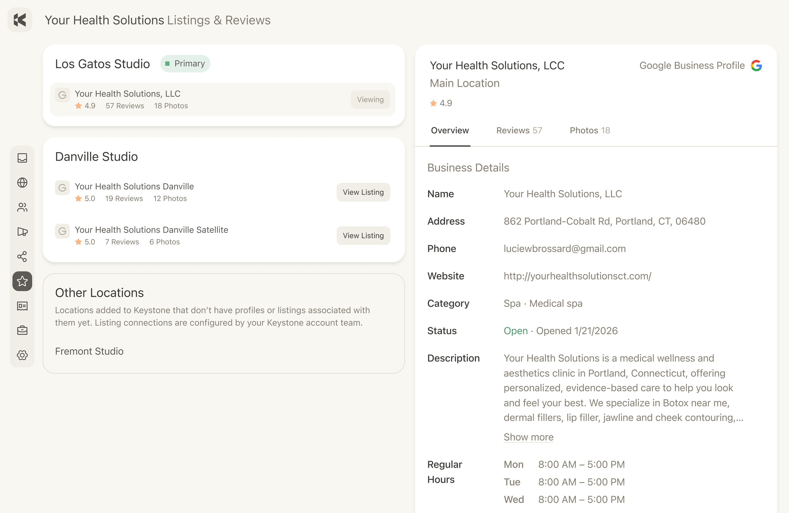 Keystone listings and reviews dashboard with a Google Business Profile
