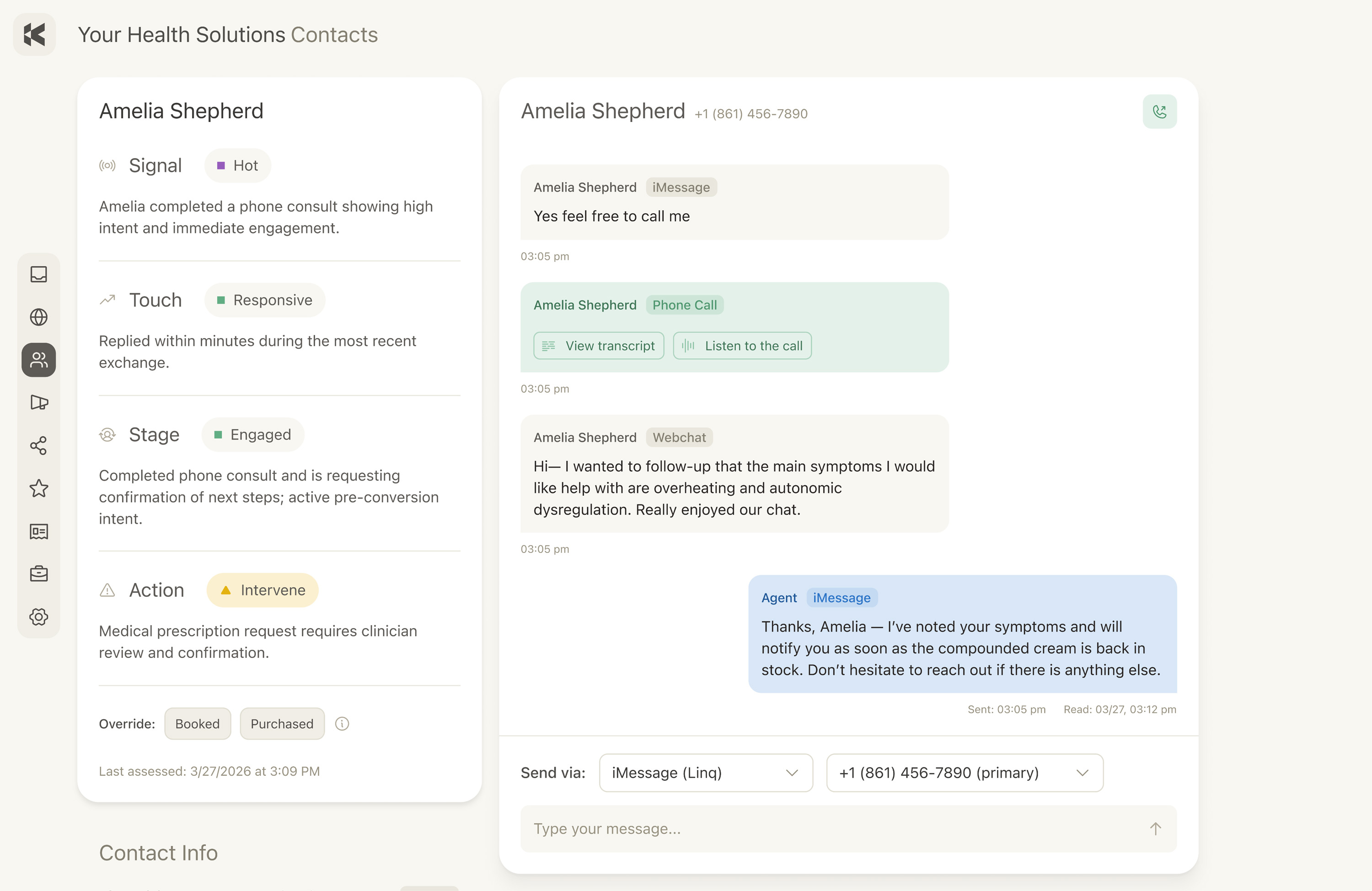 Keystone sales workspace with lead scoring and a live conversation